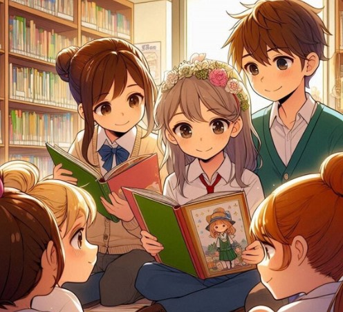 enfants lisant un livres à d'autres anfants